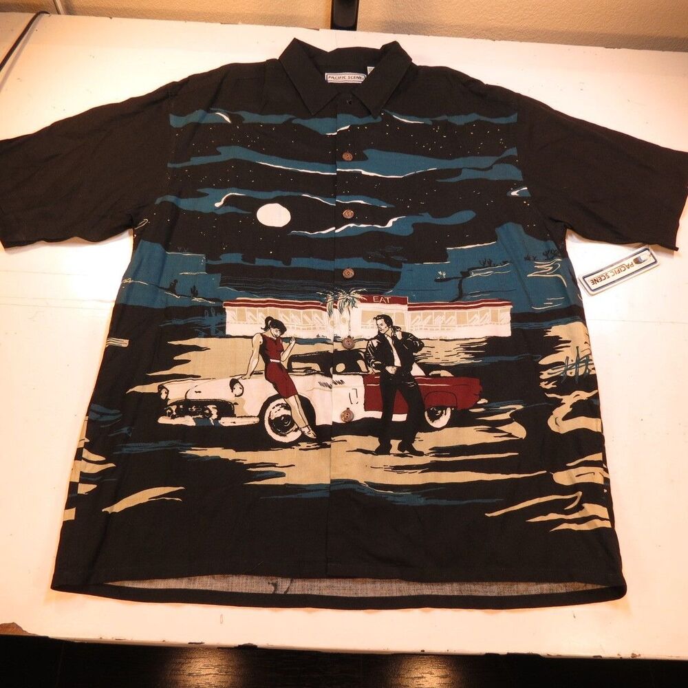 DEADSTOCK VINTAGE PACIFIC SCENE HOT ROD 50s DINER HAWAIIAN SHIRT Mens L